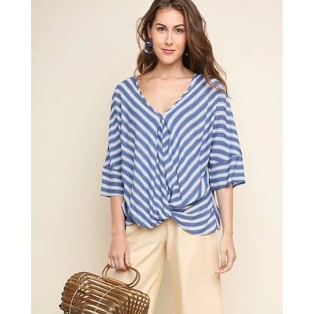 Umgee Chambray Stripe Semi Sheer Loose Fit Front Twist Quarter Sleeve Blouse S